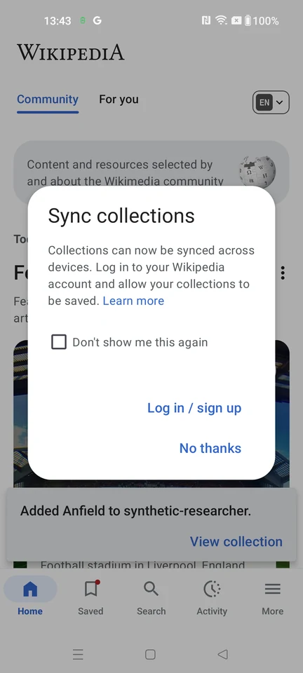 Wikipedia Article added to the collection screen
