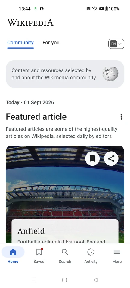 Wikipedia Open Saved screen