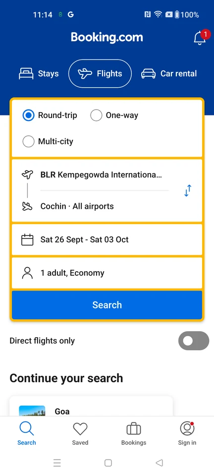 Booking.com Flight search