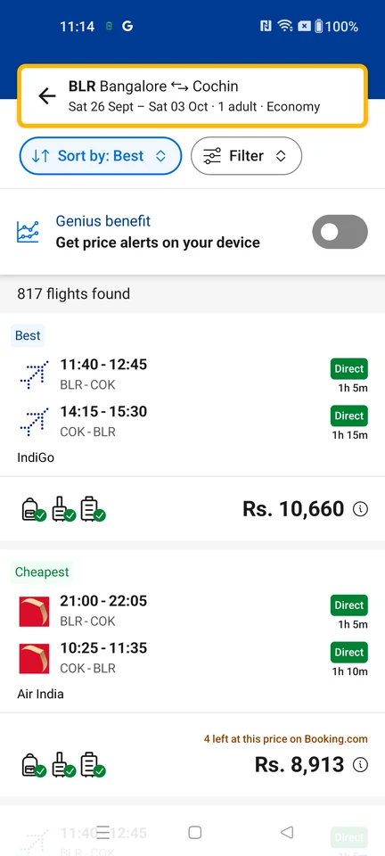 Booking.com Flight results