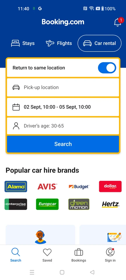 Booking.com Car rental search