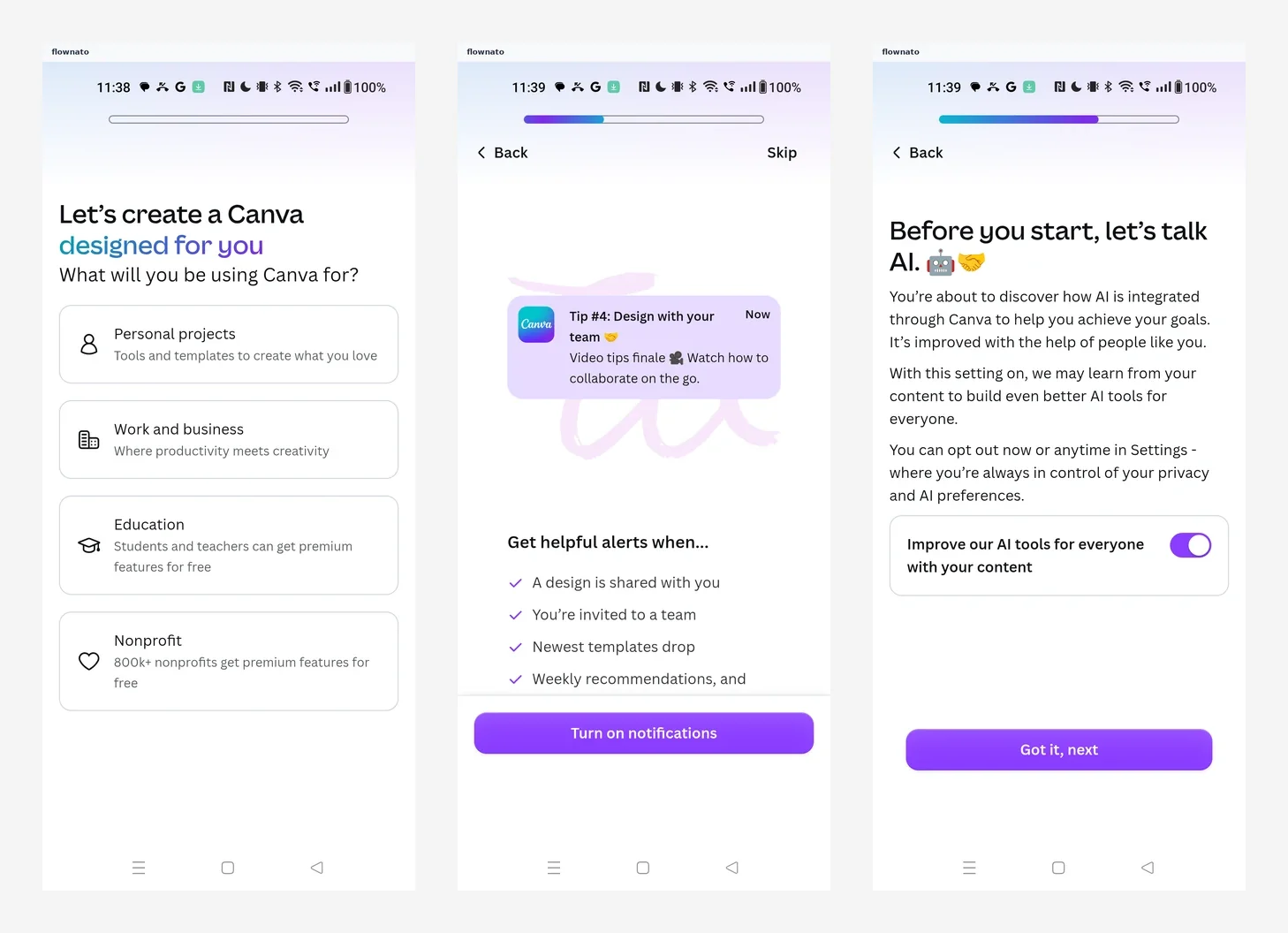 Canva onboarding: what you will use Canva for, the notifications pitch, and the AI data setting